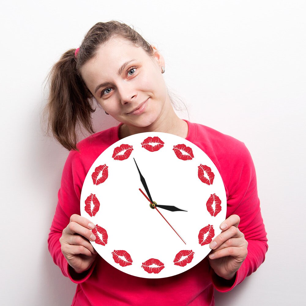 Red Lips Wall Clock Girls Room Exclusive Timekeeper Silent Sweet Kiss Fine Art Minimalist Wall Clock Gift For Her by Woody Signs Co. - Handmade Crafted Unique Wooden Creative