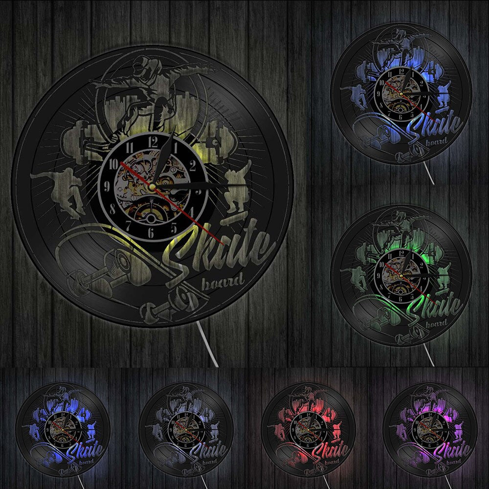 Skate Board Black Vinyl LP Wall Clock Skateboard Roller Skaters Vinyl Record Board Teenage Room Silent Quartz Clock by Woody Signs Co. - Handmade Crafted Unique Wooden Creative