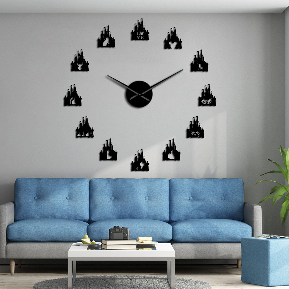 Princess Castle DIY Giant Wall Clock Girl Room Cartoon Style Silent Frameless Acrylic Mirror Effect Stickers by Woody Signs Co. - Handmade Crafted Unique Wooden Creative