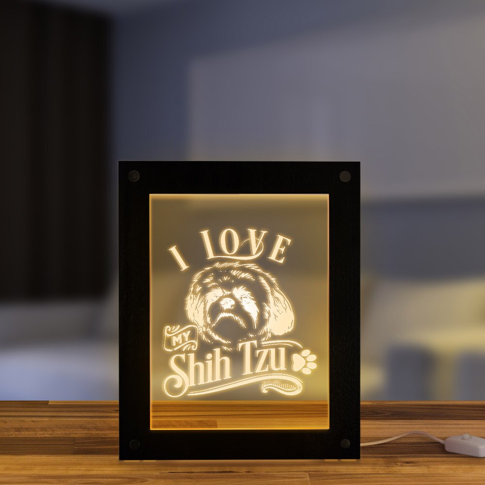 I Love My Shih Tzu Chinese Lion Dog LED Lighting Text Photo Frame Puppy Dog LED Night Lamp Wooden Laser Engraved Picture Frame by Woody Signs Co. - Handmade Crafted Unique Wooden Creative