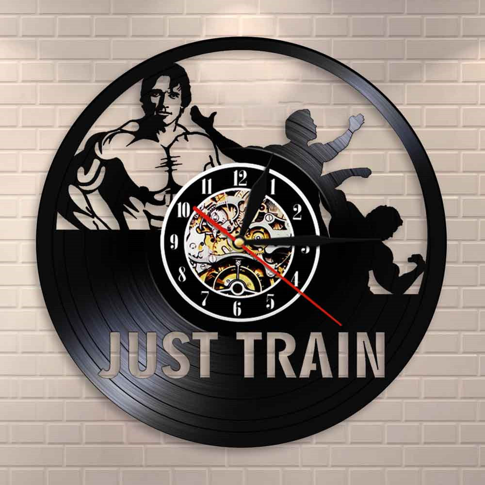 Just Train GYM Wall Clock Muscle Man Weighting Vinyl Record Wall Clock Fitness Center Clock by Woody Signs Co. - Handmade Crafted Unique Wooden Creative