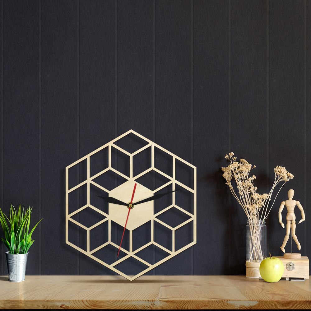 Cube Inspired Hexagon Wooden Wall Clock Silent Non Ticking Rustic Wood Clock Minimalist Geometric Modern (12 inch) by Woody Signs Co. - Handmade Crafted Unique Wooden Creative