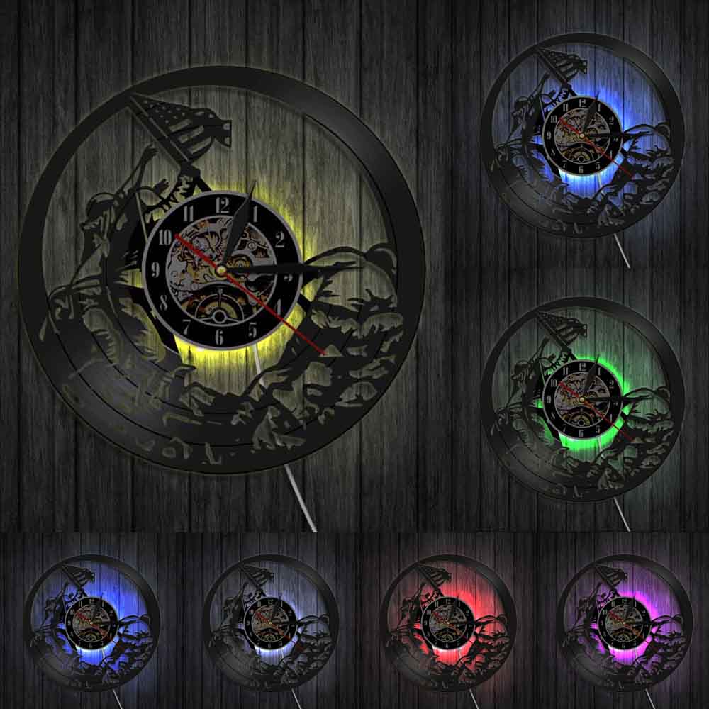 Marines Raising the Flag on Iwo Jima WWll  Wall Clock WW2 United States Flag Contemporary Vinyl Record Soldiers Clock by Woody Signs Co. - Handmade Crafted Unique Wooden Creative