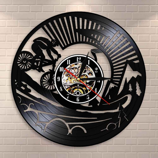 Mountain Biker  Wall Clock Dirt Bike Bicycle Vintage Vinyl Record Wall Clock Mountain Biking Funny Cyclist Biker Gifts by Woody Signs Co. - Handmade Crafted Unique Wooden Creative