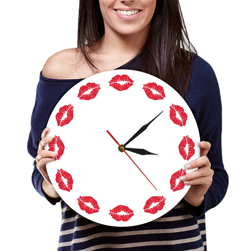 Red Lips Wall Clock Girls Room Exclusive Timekeeper Silent Sweet Kiss Fine Art Minimalist Wall Clock Gift For Her by Woody Signs Co. - Handmade Crafted Unique Wooden Creative