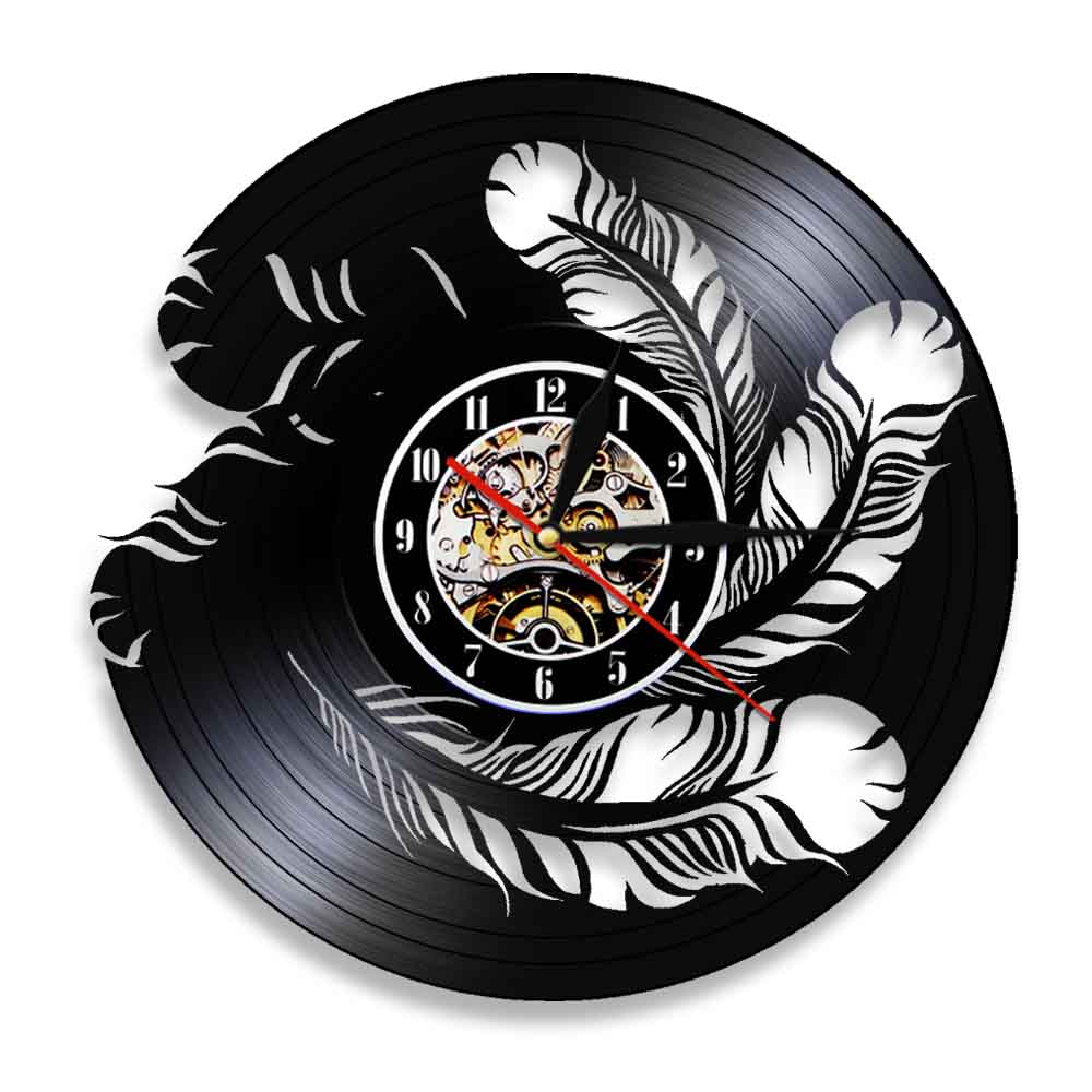 Bird Feathers Wall Art Wall Clock Natural Interior Vinyl Record Wall Clock Modern Hanging Watch Bird Pet Owners by Woody Signs Co. - Handmade Crafted Unique Wooden Creative