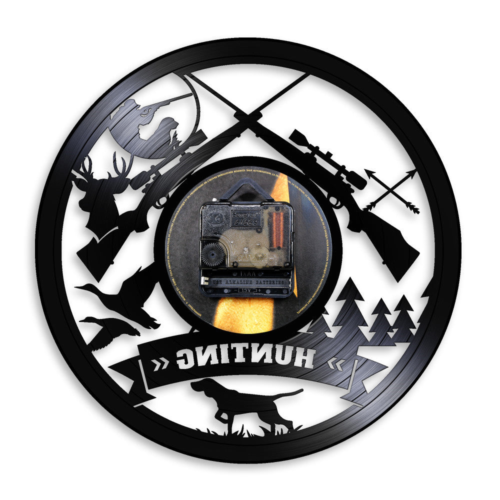 Hunting Logo Rifle Gun Sign Wall Clock Animal Hunting Adventure Vinyl Record Wall Clock Wilderness Tribal Hunter by Woody Signs Co. - Handmade Crafted Unique Wooden Creative