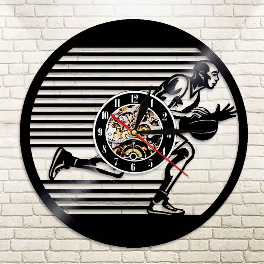 Basketball Players Silhouette Vinyl Record Wall Clock Silent Hanging Watch Slam Dunk Basketball Sports by Woody Signs Co. - Handmade Crafted Unique Wooden Creative