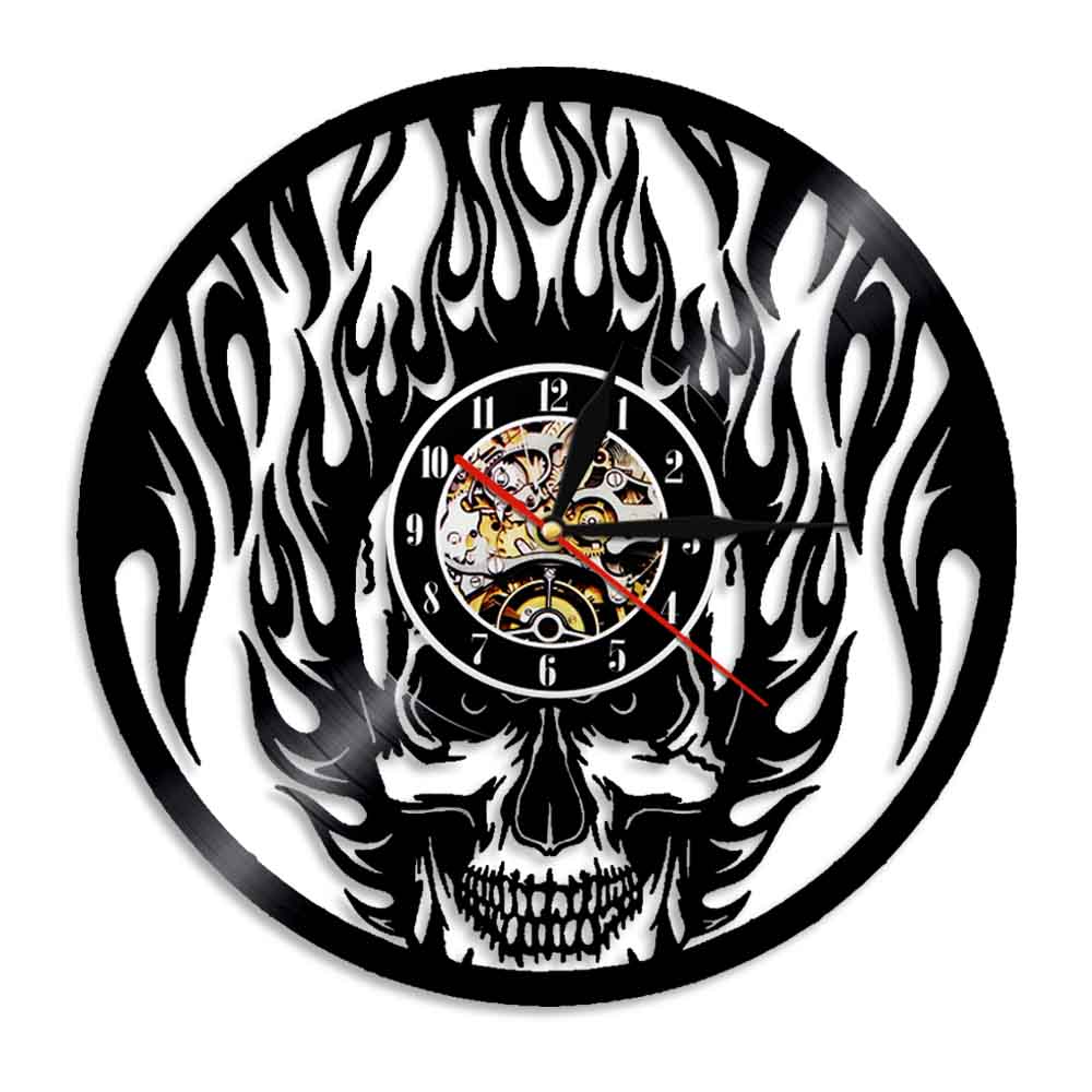 Flaming Skull Wall Clock Skull Head On Fire Vinyl Record Wall Clock Fire Burning Skeleton Halloween Clock by Woody Signs Co. - Handmade Crafted Unique Wooden Creative