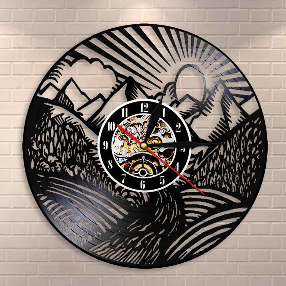 Mountain Landscape Wall Clock Scenic Landscape Mountain Peak Gold Sun Vinyl Record Wall Clock Traveller Adventurer Gift by Woody Signs Co. - Handmade Crafted Unique Wooden Creative