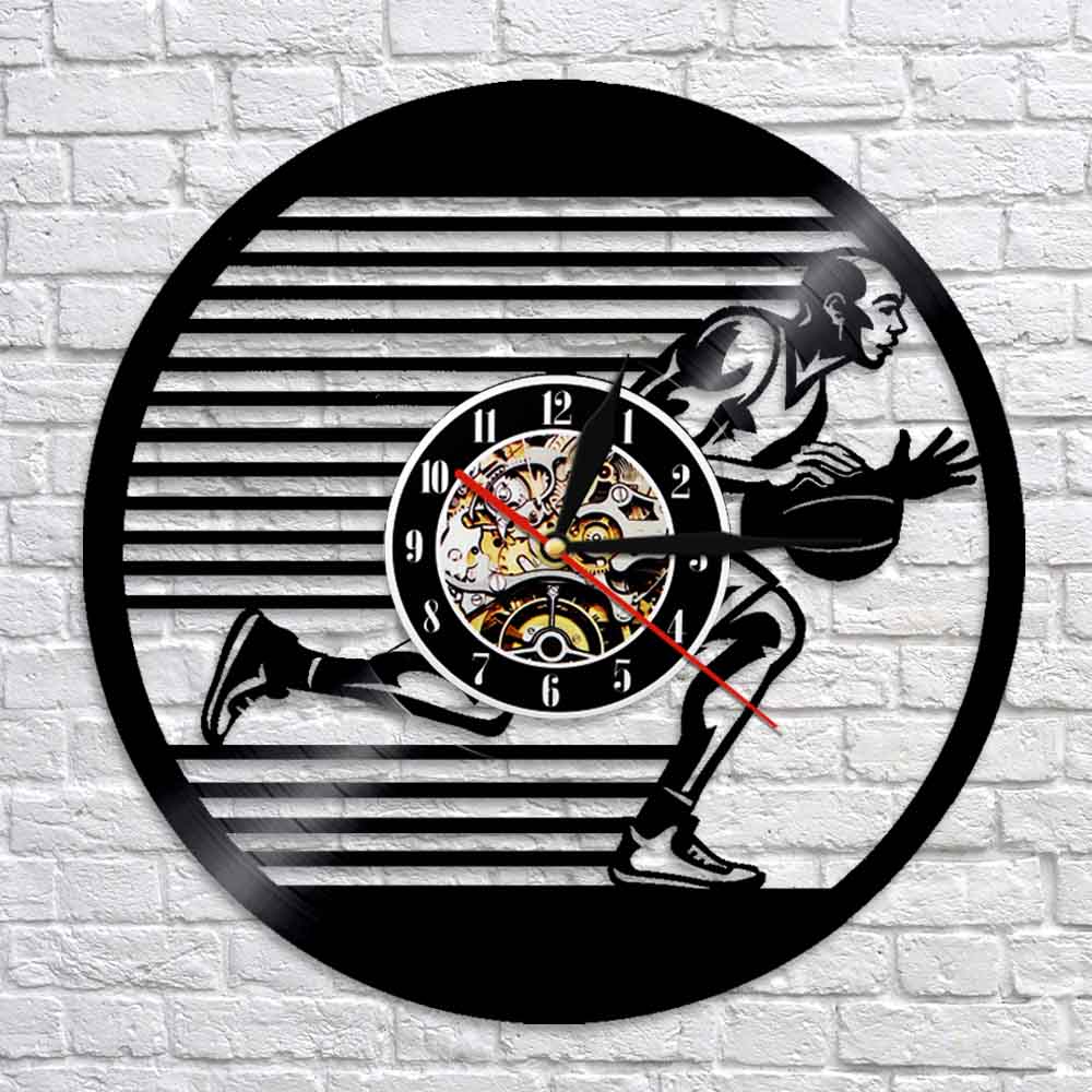 Basketball Players Silhouette Vinyl Record Wall Clock Silent Hanging Watch Slam Dunk Basketball Sports by Woody Signs Co. - Handmade Crafted Unique Wooden Creative
