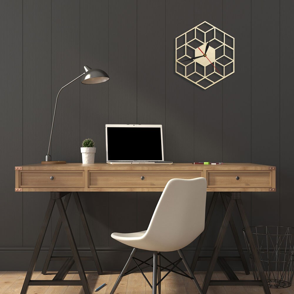 Cube Inspired Hexagon Wooden Wall Clock Silent Non Ticking Rustic Wood Clock Minimalist Geometric Modern (12 inch) by Woody Signs Co. - Handmade Crafted Unique Wooden Creative