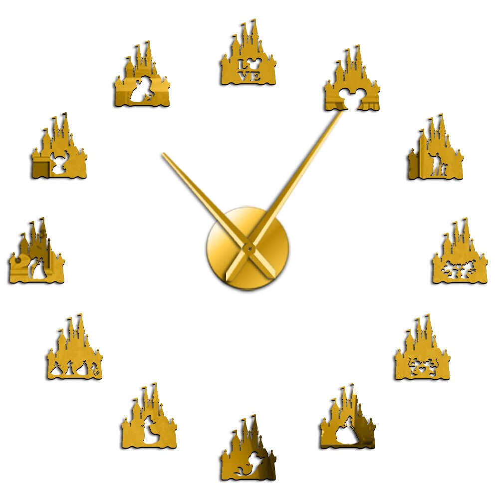 Princess Castle DIY Giant Wall Clock Girl Room Cartoon Style Silent Frameless Acrylic Mirror Effect Stickers by Woody Signs Co. - Handmade Crafted Unique Wooden Creative