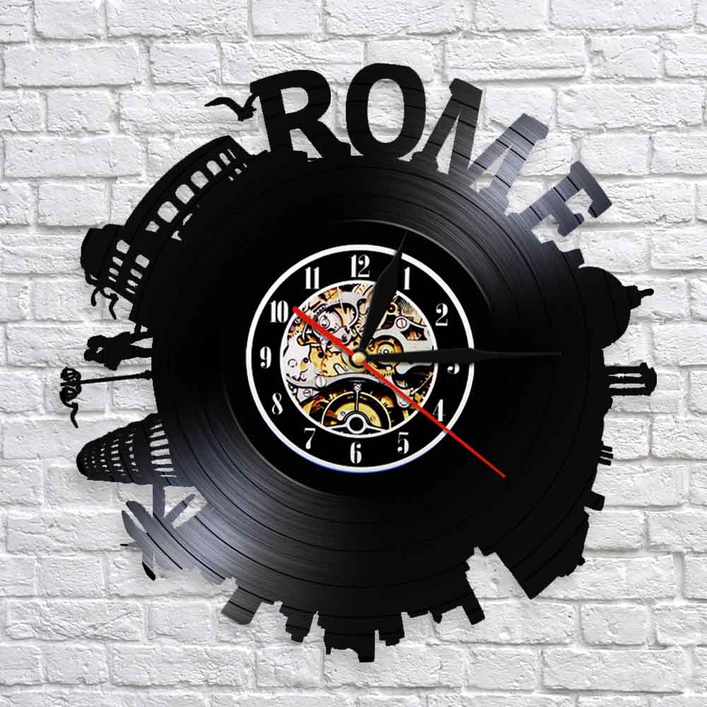 Rome City Skyline Colosseum Wall Clock Italy Capital Skyround Rome Cityscape Vinyl Record Wall Clock Memorabilia by Woody Signs Co. - Handmade Crafted Unique Wooden Creative