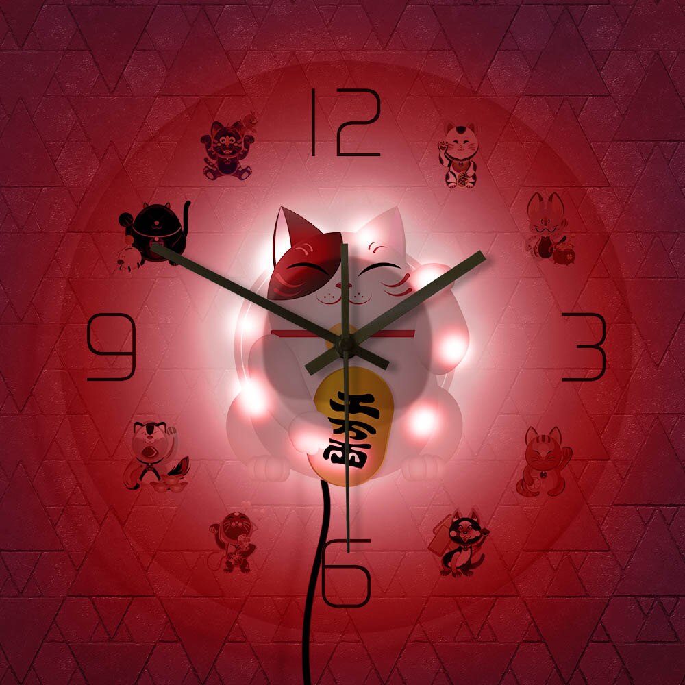 Maneki Neko Fortune Cat Cartoon Wall Clock Japanese Beckoning Cat Quiet Sweep Cute Lucky Cat Timepiece by Woody Signs Co. - Handmade Crafted Unique Wooden Creative