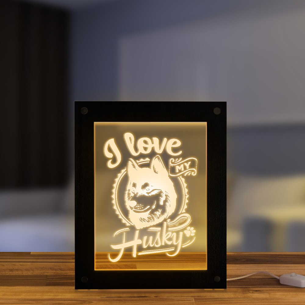 I Love My Husky Photo LED Light Custom Picture Wooden Frame Puppy Lighting Bedside Lamp Dog Pet Owner by Woody Signs Co. - Handmade Crafted Unique Wooden Creative
