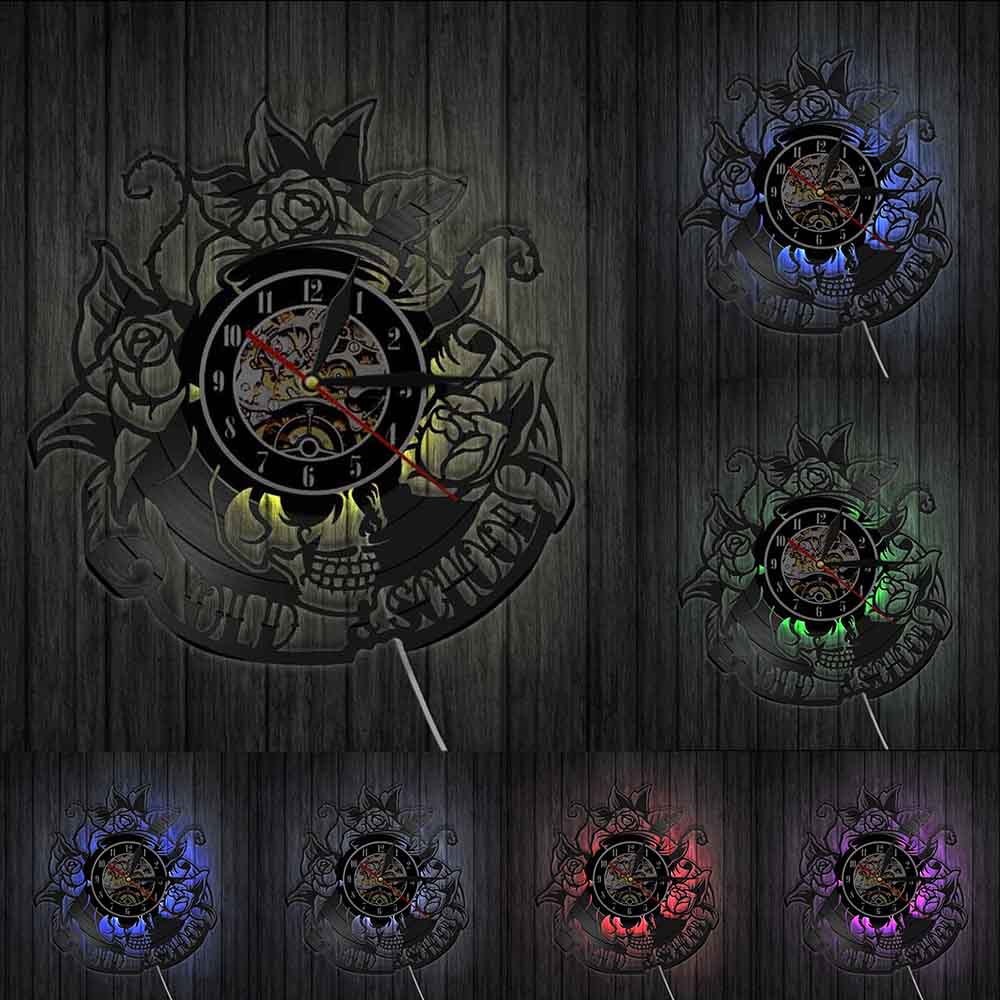 Tattoo Skull with Rose Vinyl Record Wall Clock Skeleton Skull Thorn Roses Silent Quartz Gothic Home Art by Woody Signs Co. - Handmade Crafted Unique Wooden Creative