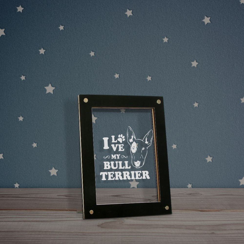 I Love My Bull Terrier Laser Engraved LED Illuminated Puppy Dog Acrylic Display Led Photo Frame Night Lamp Lighting by Woody Signs Co. - Handmade Crafted Unique Wooden Creative