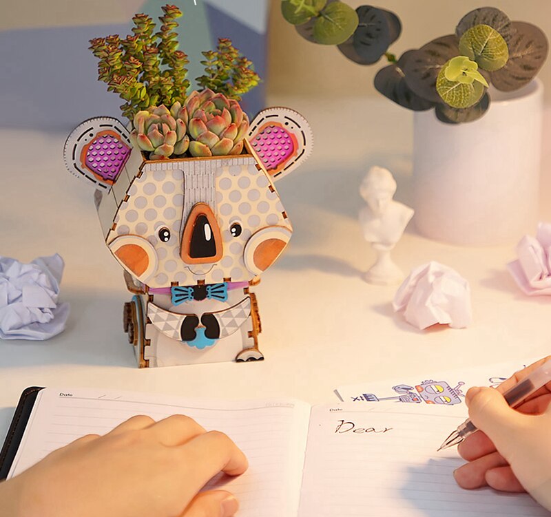 3D Wooden Robot Puzzle Game Creative Flower Pot Storage Box Penholder Models for Children Adult FT761 by Woody Signs Co. - Handmade Crafted Unique Wooden Creative