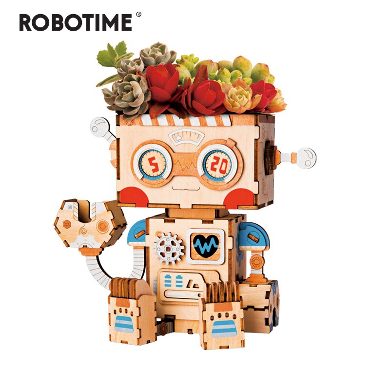 3D Wooden Robot Puzzle Game Creative Flower Pot Storage Box Penholder Models for Children Adult FT761 by Woody Signs Co. - Handmade Crafted Unique Wooden Creative