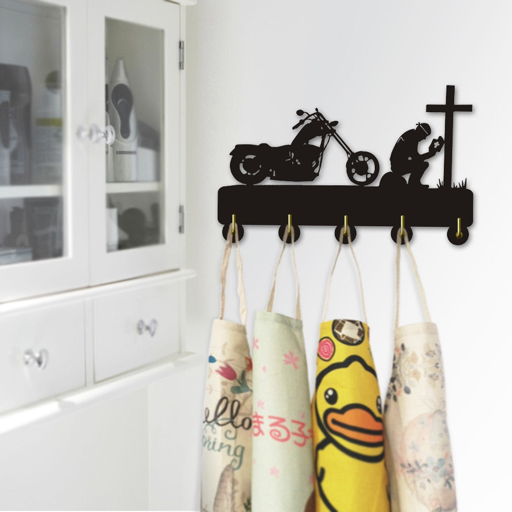 Biker Praying At Cross Motorcycle Wall Hook For Clothes Bag Keyring Creative Hanger Motorbike Riders Motorcyclist by Woody Signs Co. - Handmade Crafted Unique Wooden Creative