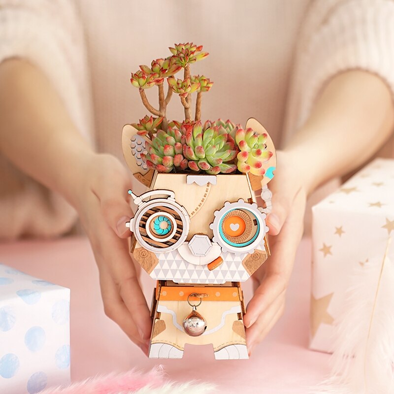 Children Adult Cute Puppy Flower Pot 3D Wooden Puzzle Game Educational Models FT742 (Pot Puppy) by Woody Signs Co. - Handmade Crafted Unique Wooden Creative