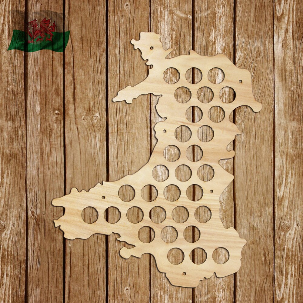 Wales Cap Map Bottle Cap Map Hanging Craft Wooden Cap Map Special Collection for Aficionado by Woody Signs Co. - Handmade Crafted Unique Wooden Creative