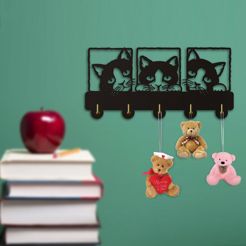 Peeping Cat 3D Hook Rails Triple With Lovley Cat Theme Clothing Hook Rack Hanger Decoration by Woody Signs Co. - Handmade Crafted Unique Wooden Creative