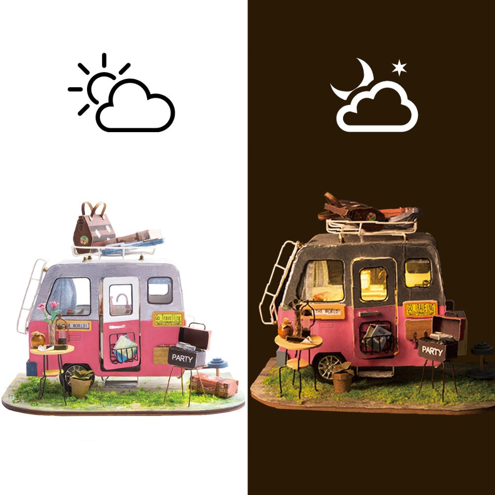 DIY Happy Camper with Furniture Miniature Wooden Doll House Model DGM04 by Woody Signs Co. - Handmade Crafted Unique Wooden Creative