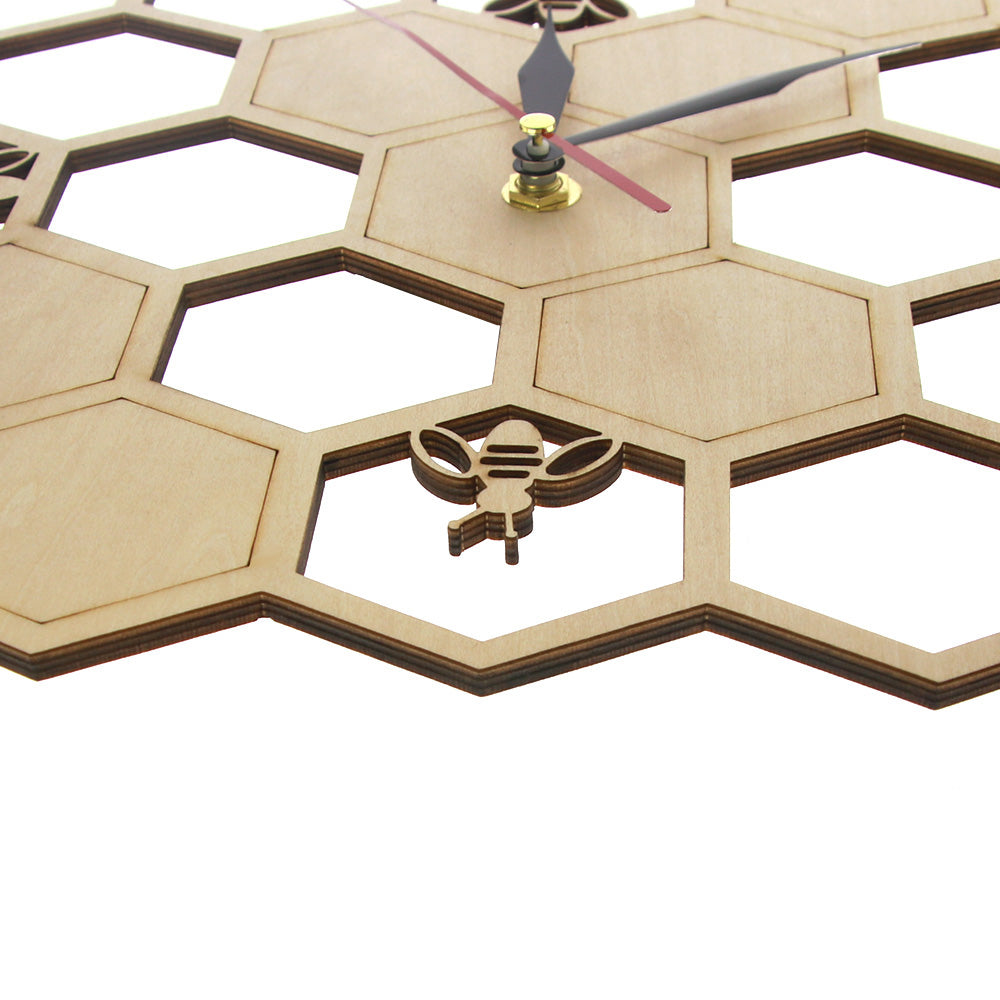 Bees and Honeycomb Natural Wooden Wall Clock Hexagon Wall Art Wood Bee Honey Contemporary Clock Watch Home Living Room Decor by Woody Signs Co. - Handmade Crafted Unique Wooden Creative
