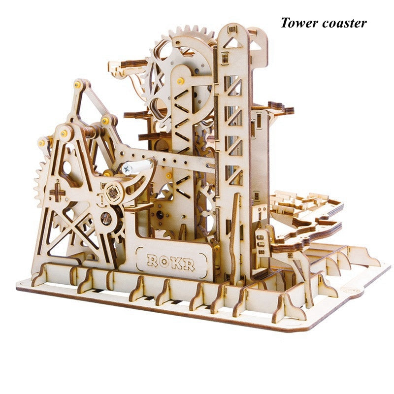 4 Kinds Marble Run Game DIY Waterwheel Coaster Wooden Assembly Gift for LG501 by Woody Signs Co. - Handmade Crafted Unique Wooden Creative
