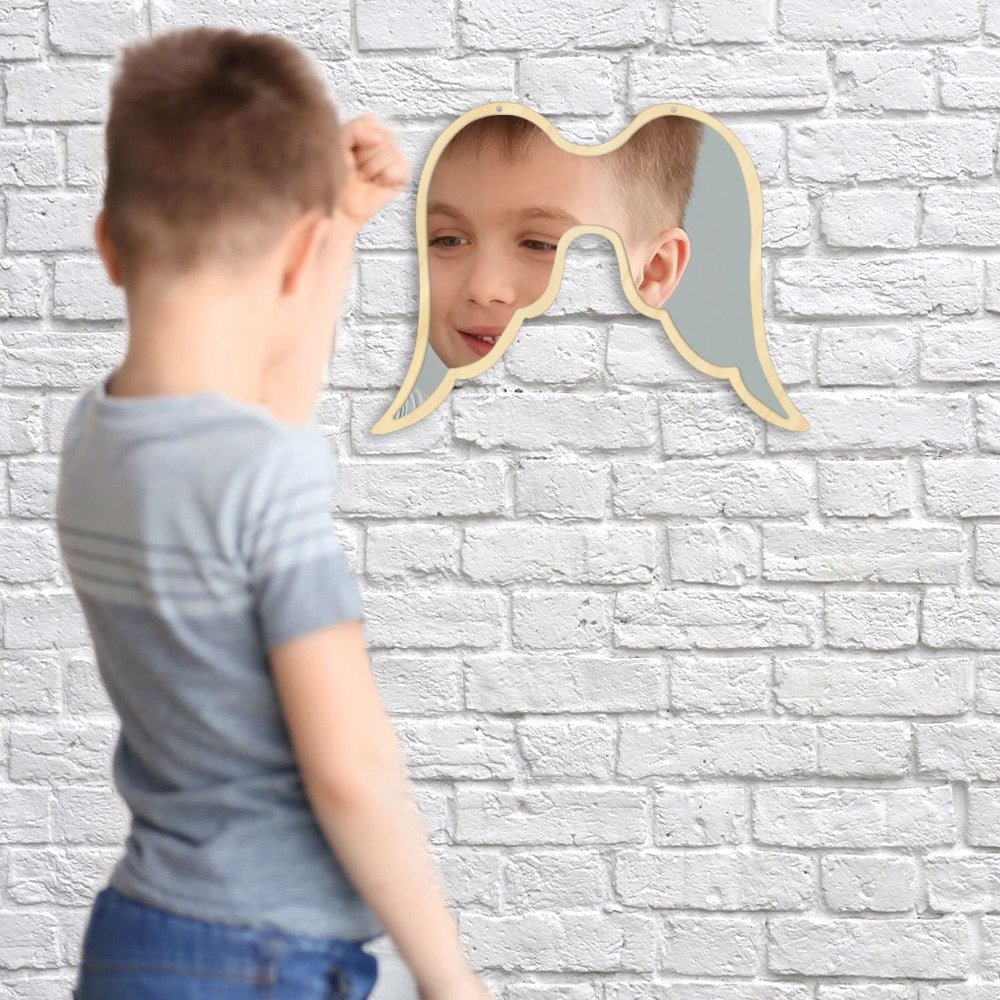 Fantasy Open Angel Wing Wall Mirror Home Ornament Children Baby Room Nursery Safety Acylic Mirror With Wooden Back by Woody Signs Co. - Handmade Crafted Unique Wooden Creative
