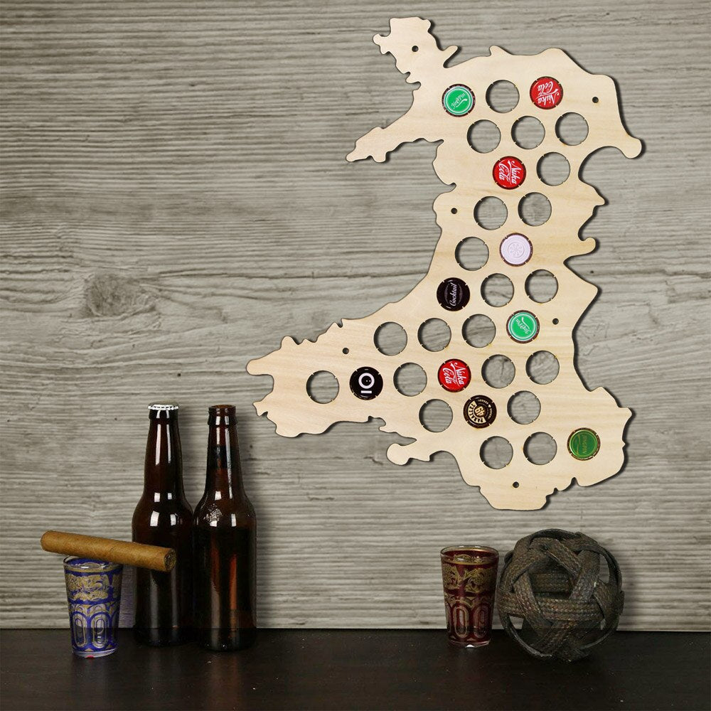 Wales Cap Map Bottle Cap Map Hanging Craft Wooden Cap Map Special Collection for Aficionado by Woody Signs Co. - Handmade Crafted Unique Wooden Creative