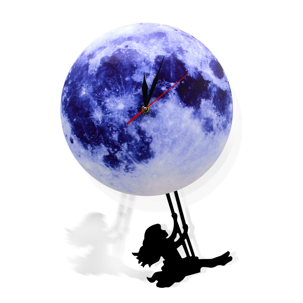 Blue Moon Swinging Pendulum Clock Astronomy Funny Wall Clock Lunar Blue Moon Clock with Swinging Silhouette Pendulum by Woody Signs Co. - Handmade Crafted Unique Wooden Creative