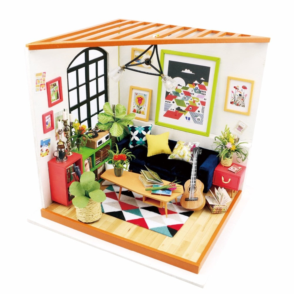 DIY Locus Sitting Room with Furniture Miniature Wooden Doll House DG106 by Woody Signs Co. - Handmade Crafted Unique Wooden Creative