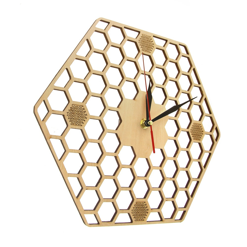 Minimal honeycomb Wood Wall Clock Hexagonal Geometric Wall Clock Bee Lover Contemporary Rustic Wood Clock Watch by Woody Signs Co. - Handmade Crafted Unique Wooden Creative