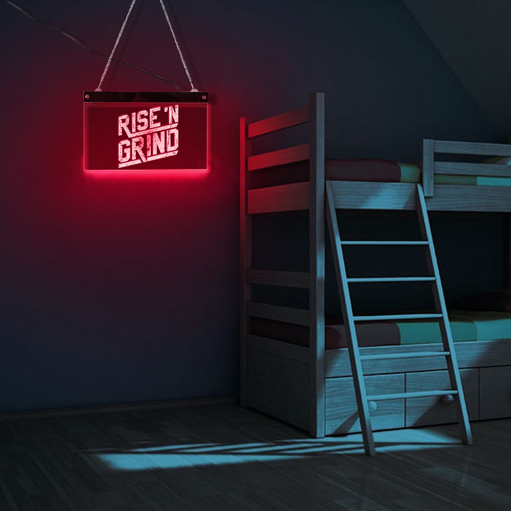 Rise and Grind Custom LED Neon Sign Personalised Inspirational Quote Lighting Lamp Workout Fitness GYM Coffee Bar Light by Woody Signs Co. - Handmade Crafted Unique Wooden Creative