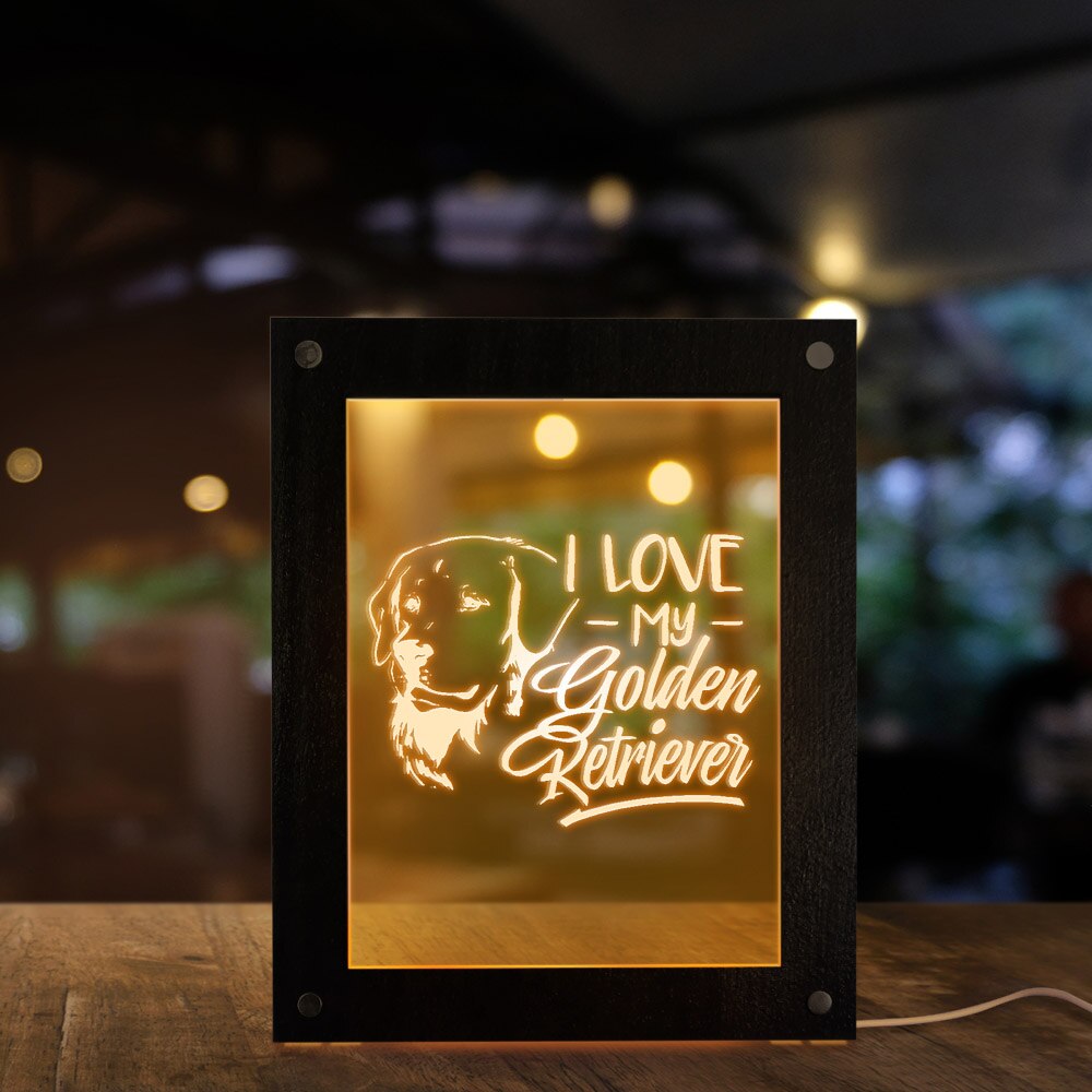 I Love My Golden Retriever Puppy Dog Pet Love Quote LED Lighting Text Photo Frame Wooden LED Night Light Display Picture Frame by Woody Signs Co. - Handmade Crafted Unique Wooden Creative