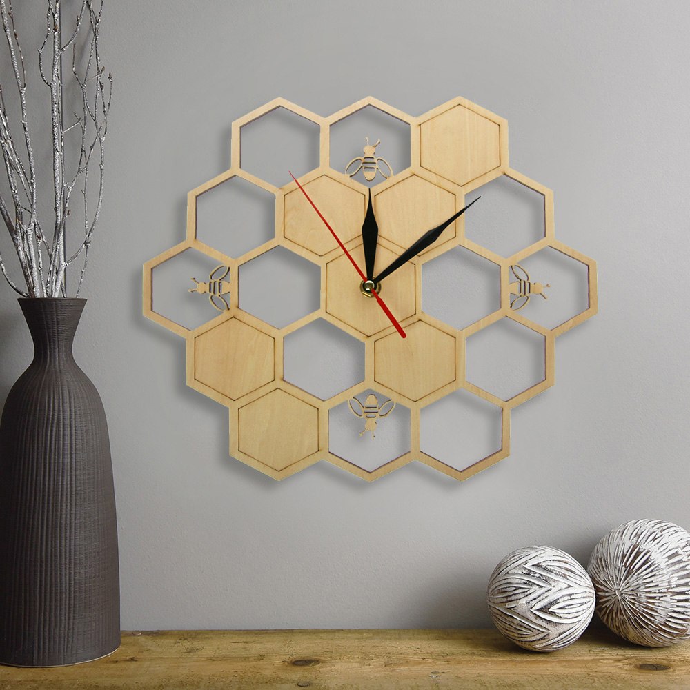 Bees and Honeycomb Natural Wooden Wall Clock Hexagon Wall Art Wood Bee Honey Contemporary Clock Watch Home Living Room Decor by Woody Signs Co. - Handmade Crafted Unique Wooden Creative