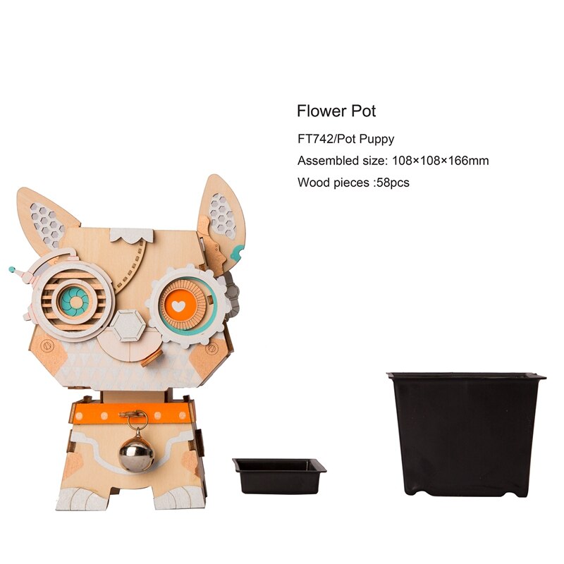 Children Adult Cute Puppy Flower Pot 3D Wooden Puzzle Game Educational Models FT742 (Pot Puppy) by Woody Signs Co. - Handmade Crafted Unique Wooden Creative
