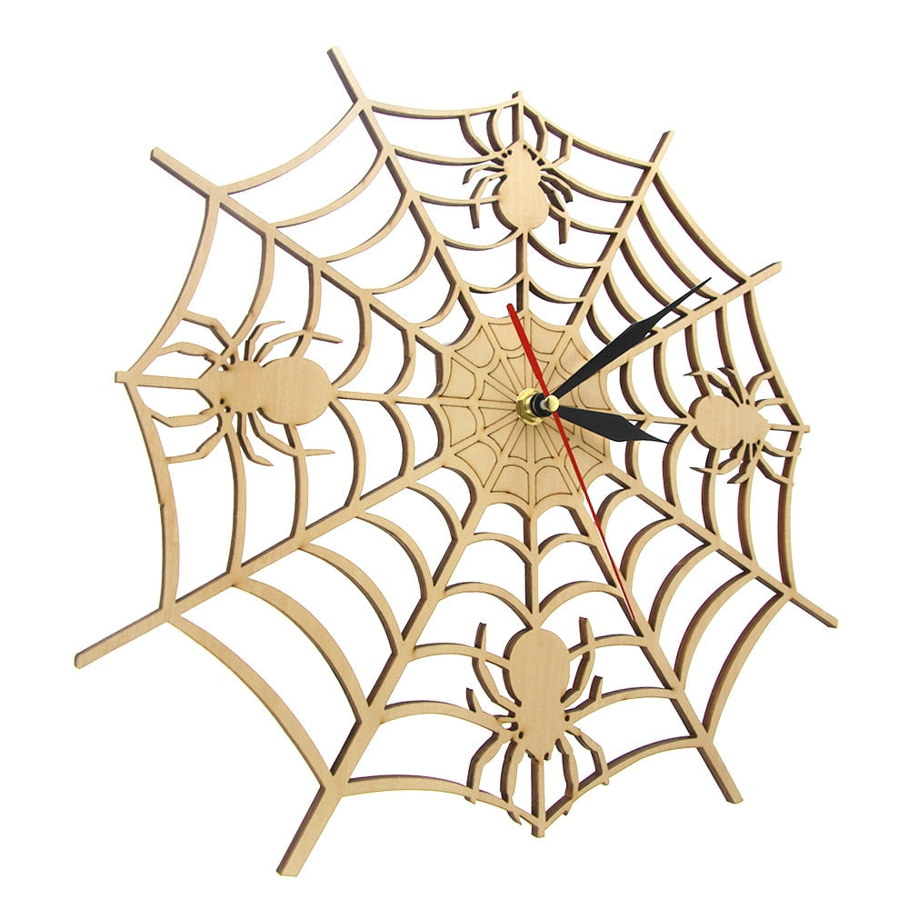 Modern Cob Web Wall Clock in Natural Wood Halloween Nightmare Creepy Spider Wooden Wall Clock Onyx Man Cave by Woody Signs Co. - Handmade Crafted Unique Wooden Creative
