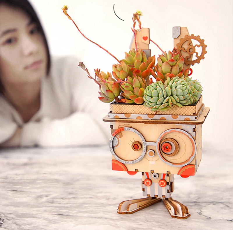 3D Wooden Robot Puzzle Game Creative Flower Pot Storage Box Penholder Models for Children Adult FT761 by Woody Signs Co. - Handmade Crafted Unique Wooden Creative