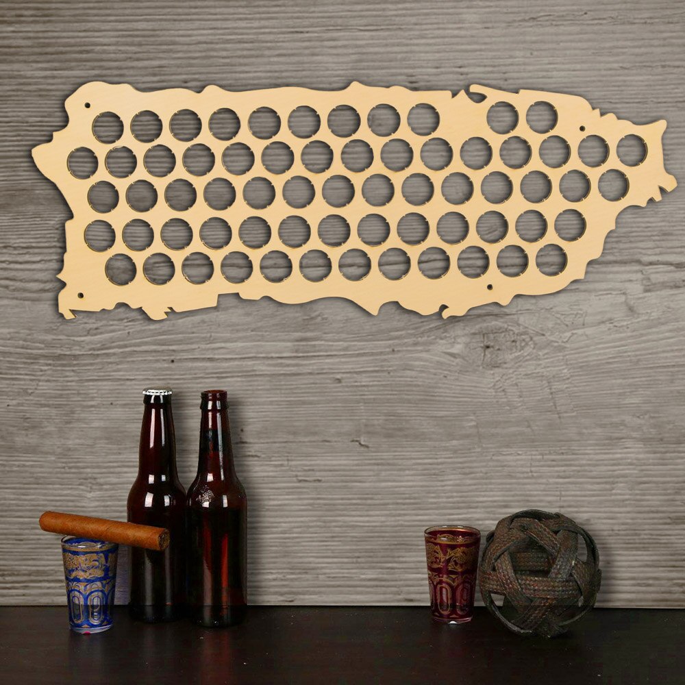 Wall Mounted Cap Map Of Puerto Rico Wooden Map Display Board Wood Craft For Cap Collector Drinker by Woody Signs Co. - Handmade Crafted Unique Wooden Creative