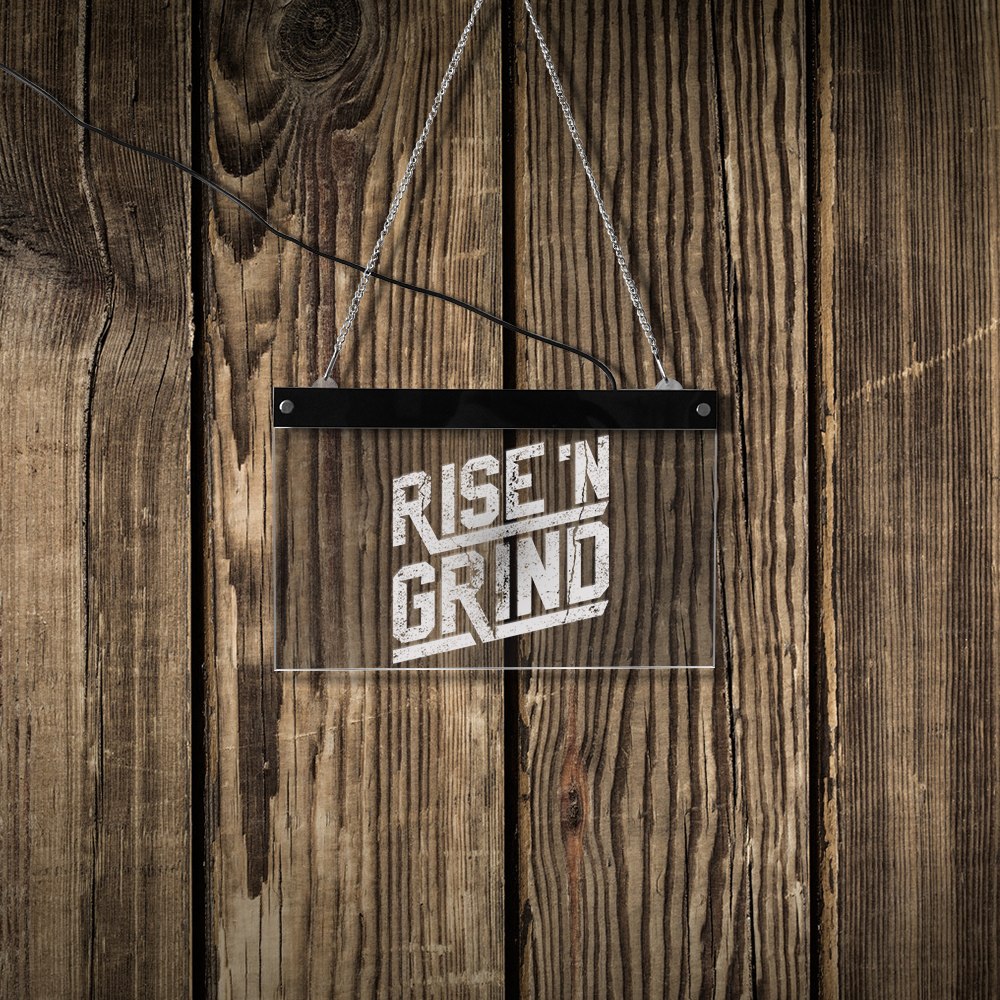 Rise and Grind Custom LED Neon Sign Personalised Inspirational Quote Lighting Lamp Workout Fitness GYM Coffee Bar Light by Woody Signs Co. - Handmade Crafted Unique Wooden Creative