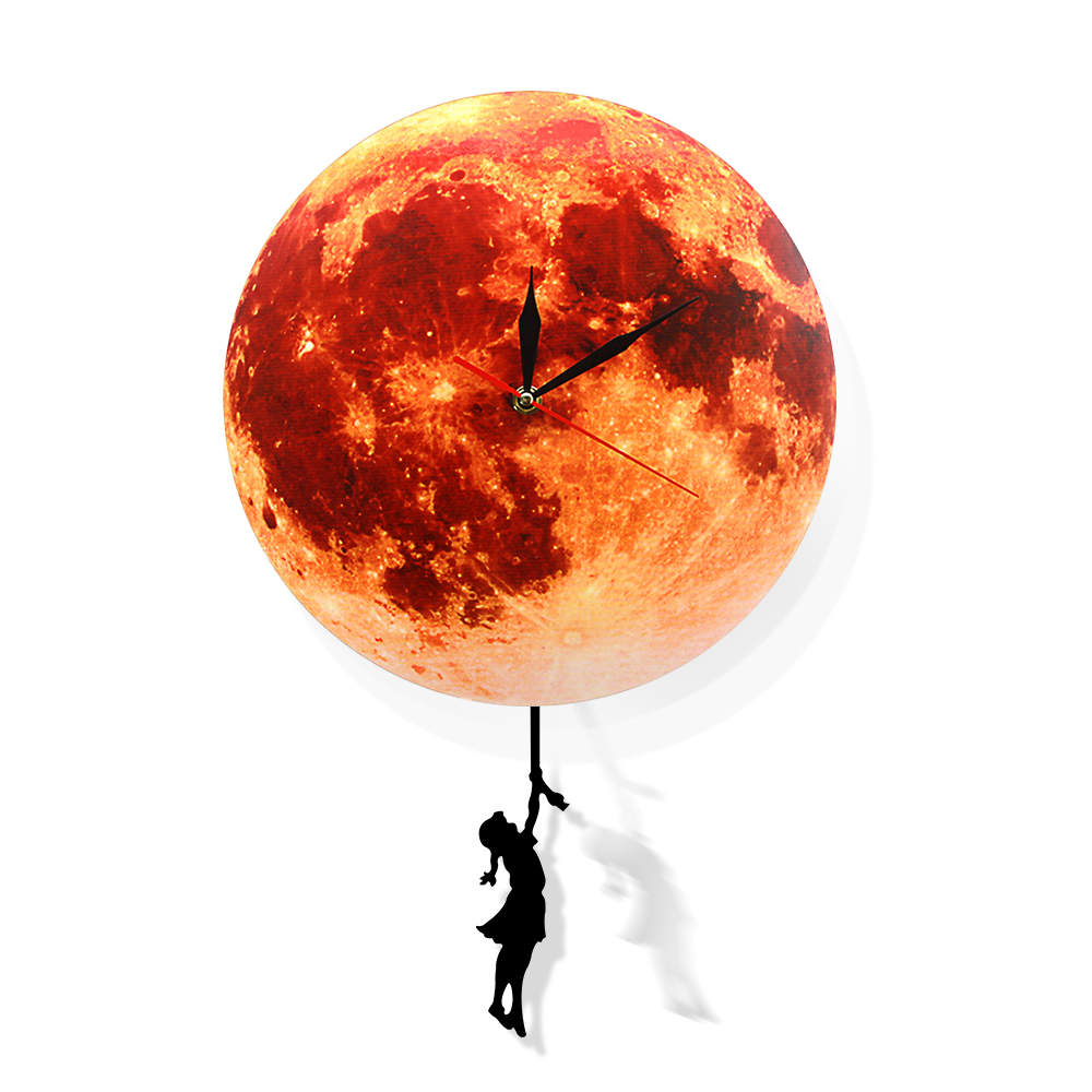 Golden Moon Pendulum Wall Clock Swinging on the Moon Space Galaxy Supermoon Full Moon Clock with Swinging Pendulum by Woody Signs Co. - Handmade Crafted Unique Wooden Creative