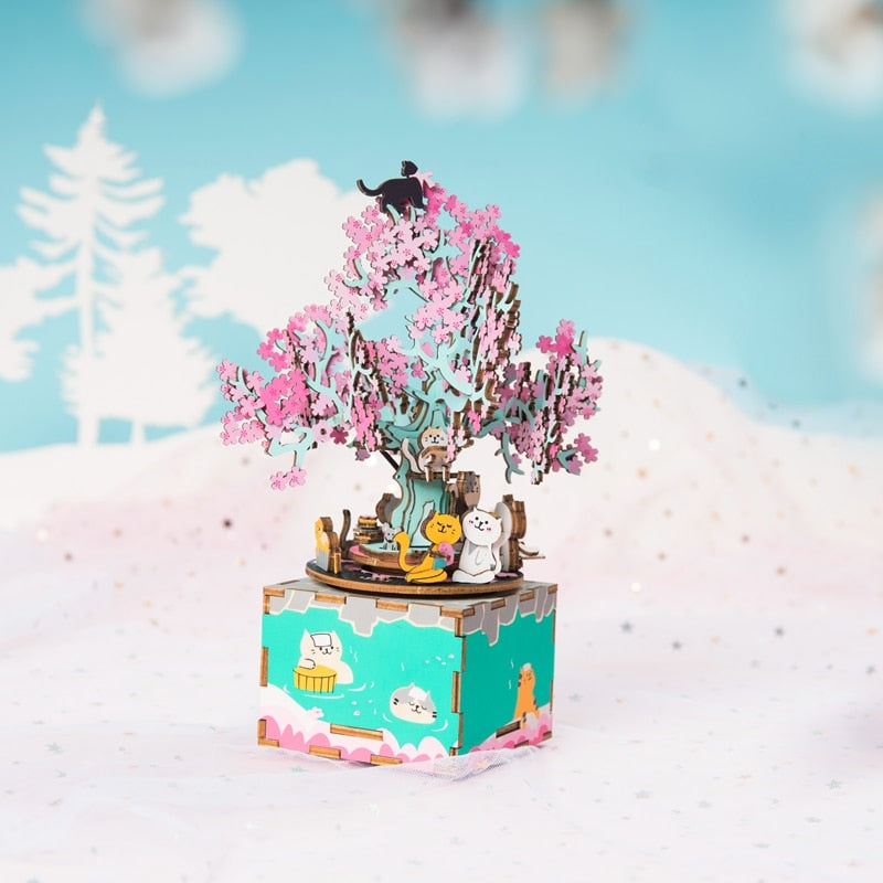 148pcs Rotatable DIY 3D Cherry Tree Cat Wooden Puzzle Game Assembly Music Box Toy Gift for Children Kids Adult AM409 by Woody Signs Co. - Handmade Crafted Unique Wooden Creative