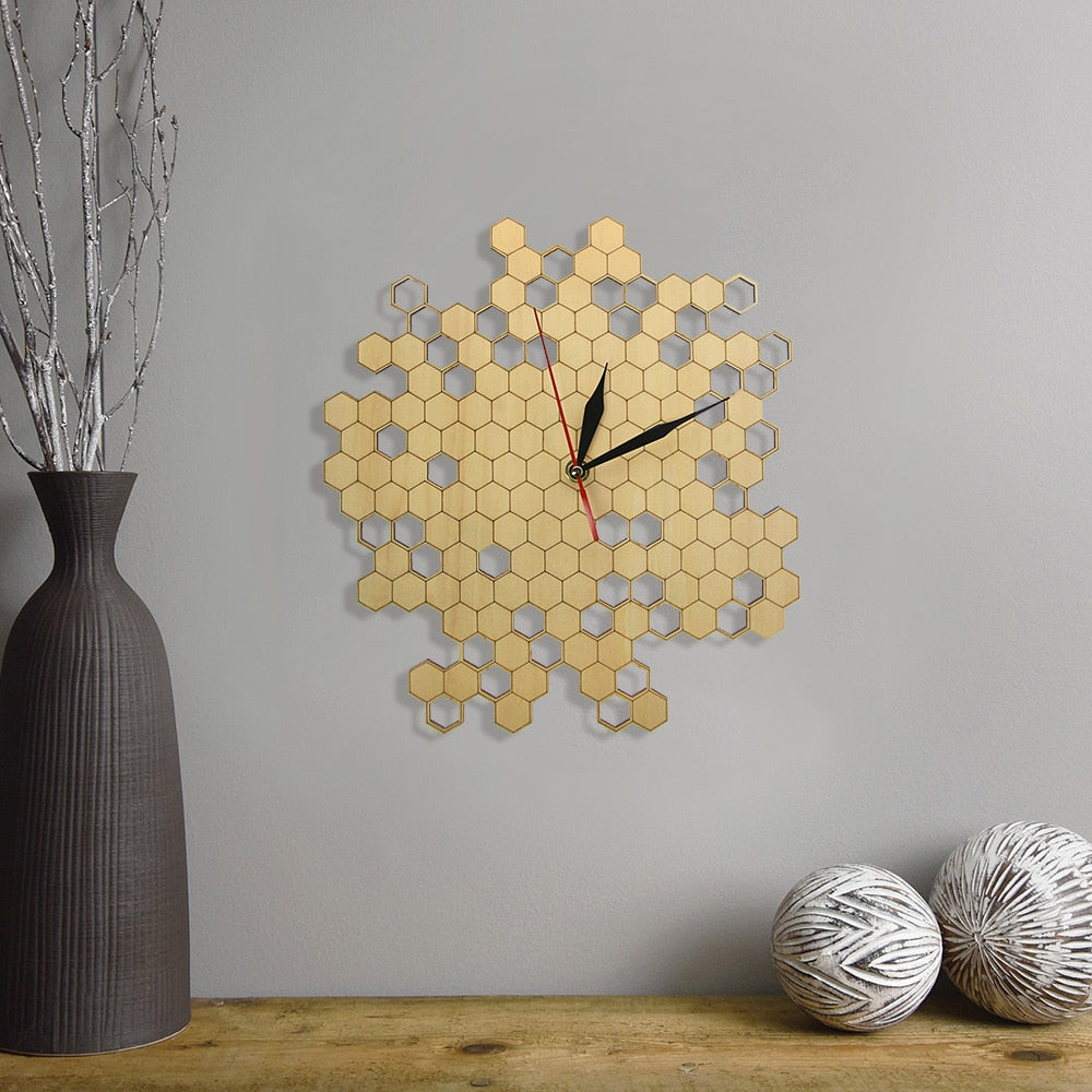 Honeycomb Nature Inspired Wooden Wall Clock Contemporary Style Laser Engraved Hexagonal Clock Bamboo Bee by Woody Signs Co. - Handmade Crafted Unique Wooden Creative