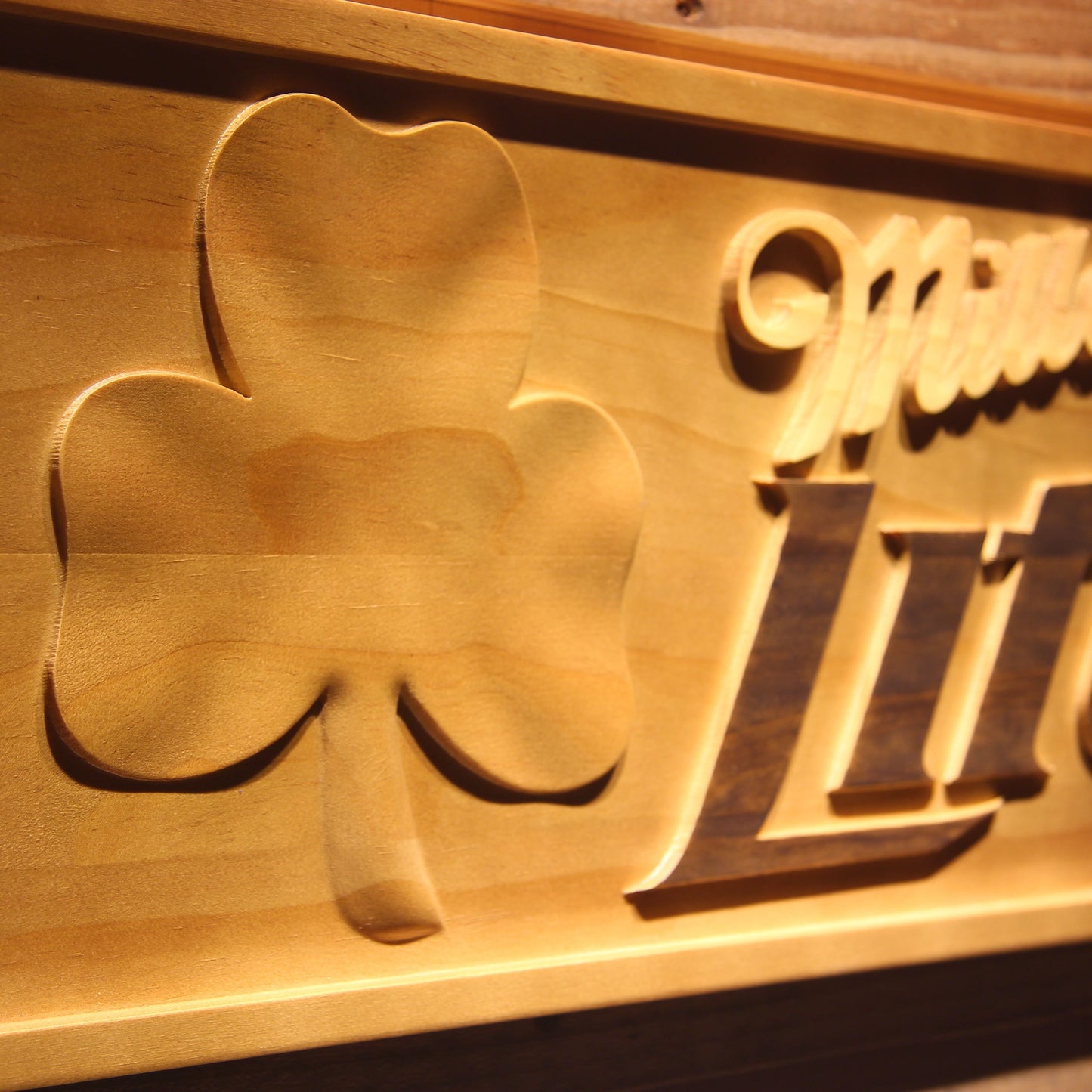 Miller Light Shamrock 3D Wooden Bar Signs by Woody Signs Co. - Handmade Crafted Unique Wooden Creative