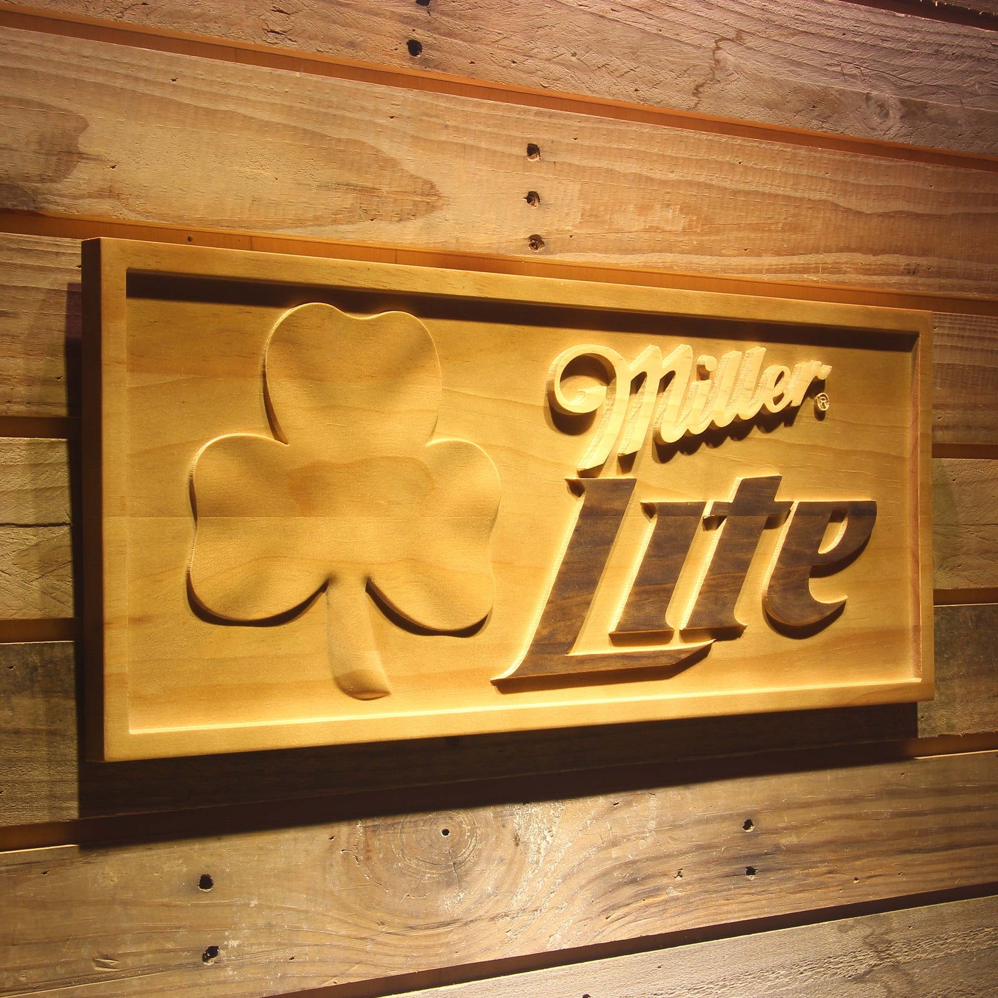 Miller Light Shamrock  3D Wooden Bar Signs by Woody Signs Co. - Handmade Crafted Unique Wooden Creative