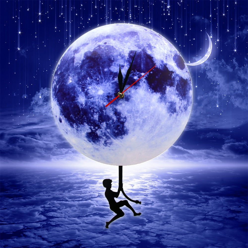 Blue Moon Swinging Pendulum Clock Astronomy Funny Wall Clock Lunar Blue Moon Clock with Swinging Silhouette Pendulum by Woody Signs Co. - Handmade Crafted Unique Wooden Creative